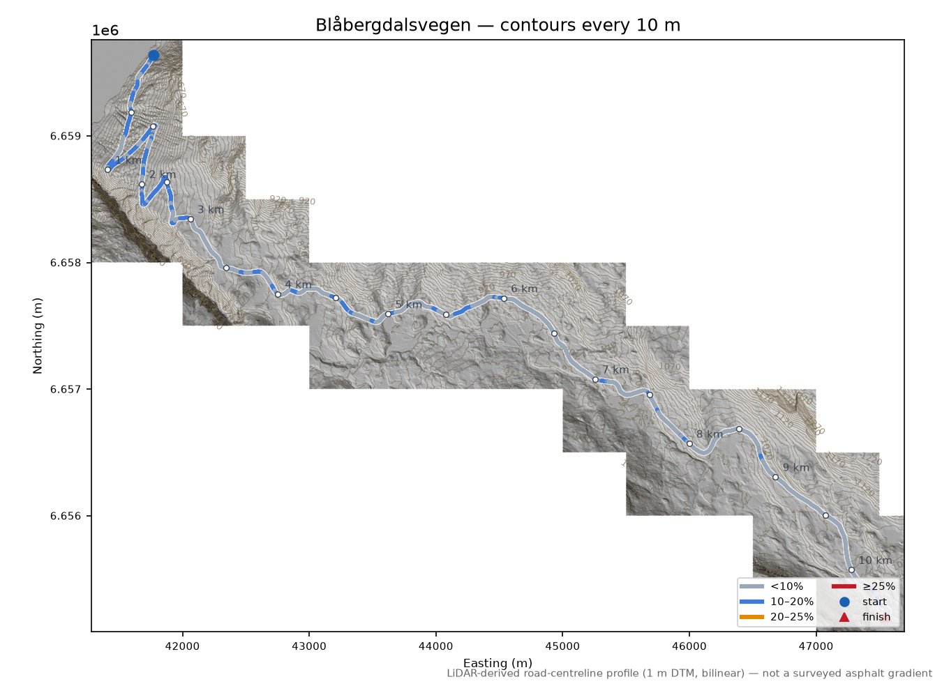 Blåbergdalsvegen LiDAR hillshade map with contours