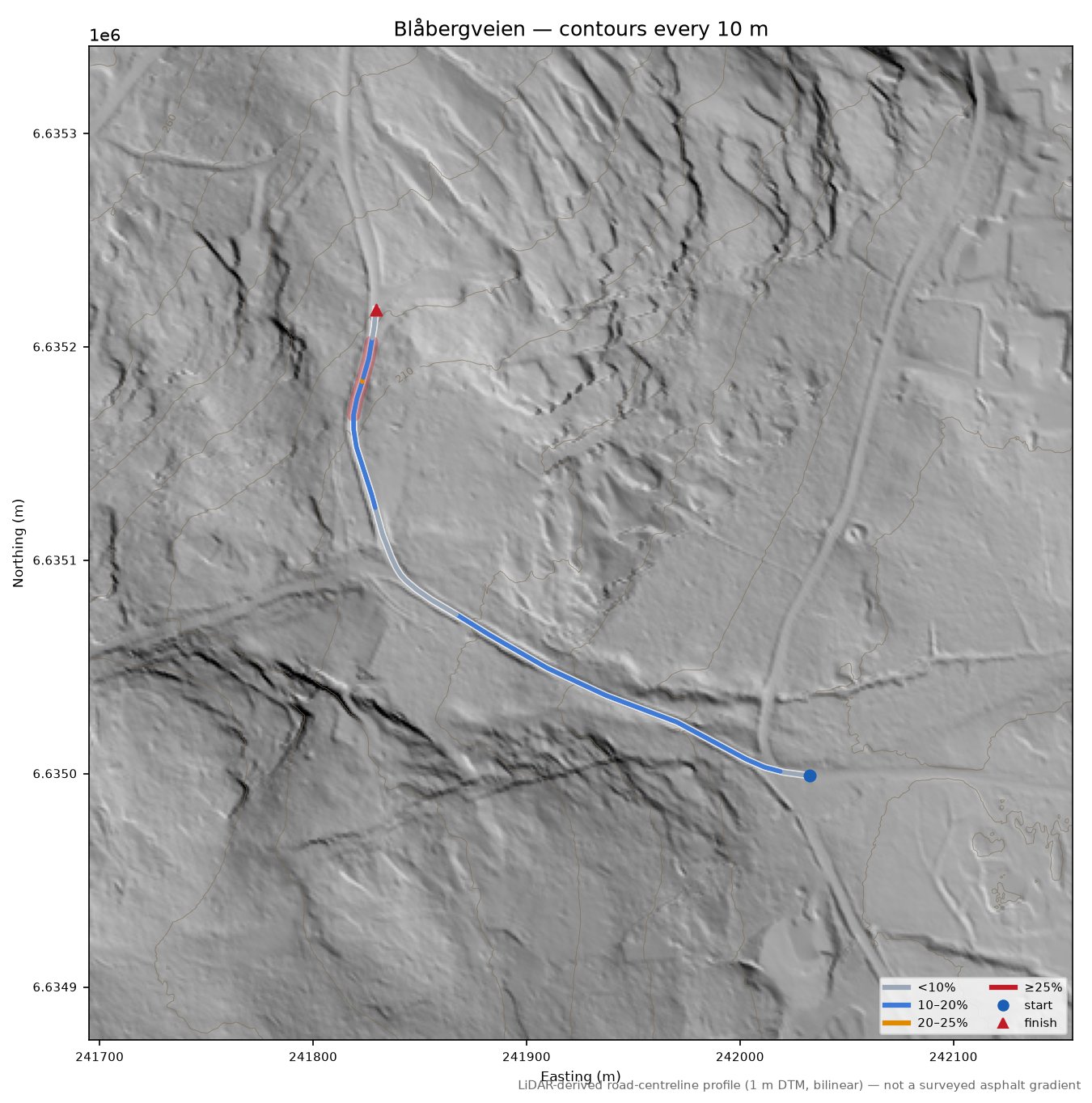Blåbergveien LiDAR hillshade map with contours
