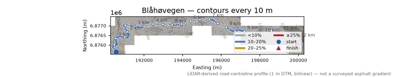 Blåhøvegen LiDAR hillshade map with contours