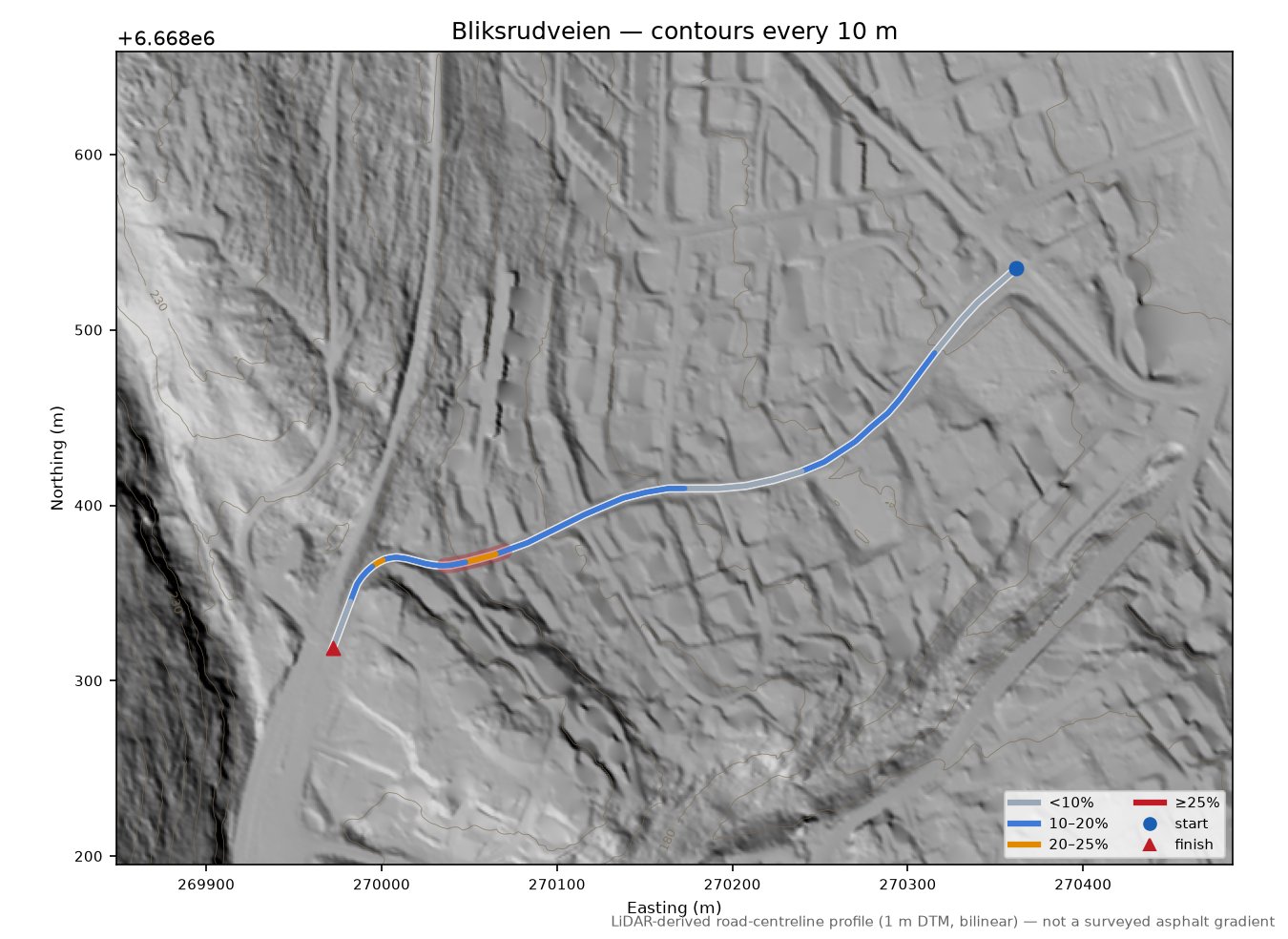 Bliksrudveien LiDAR hillshade map with contours
