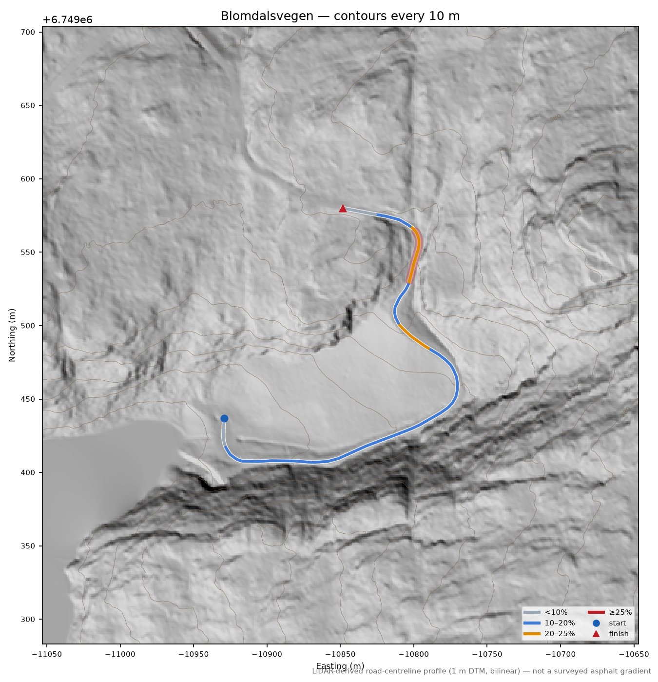 Blomdalsvegen LiDAR hillshade map with contours