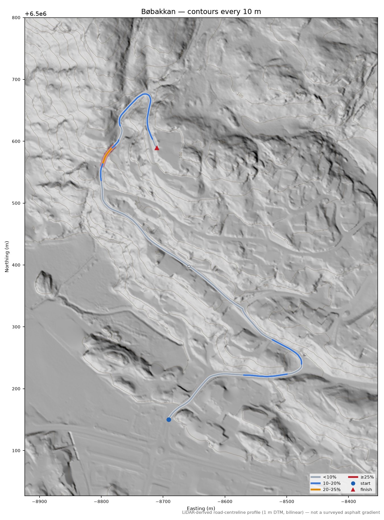 Bøbakkan LiDAR hillshade map with contours