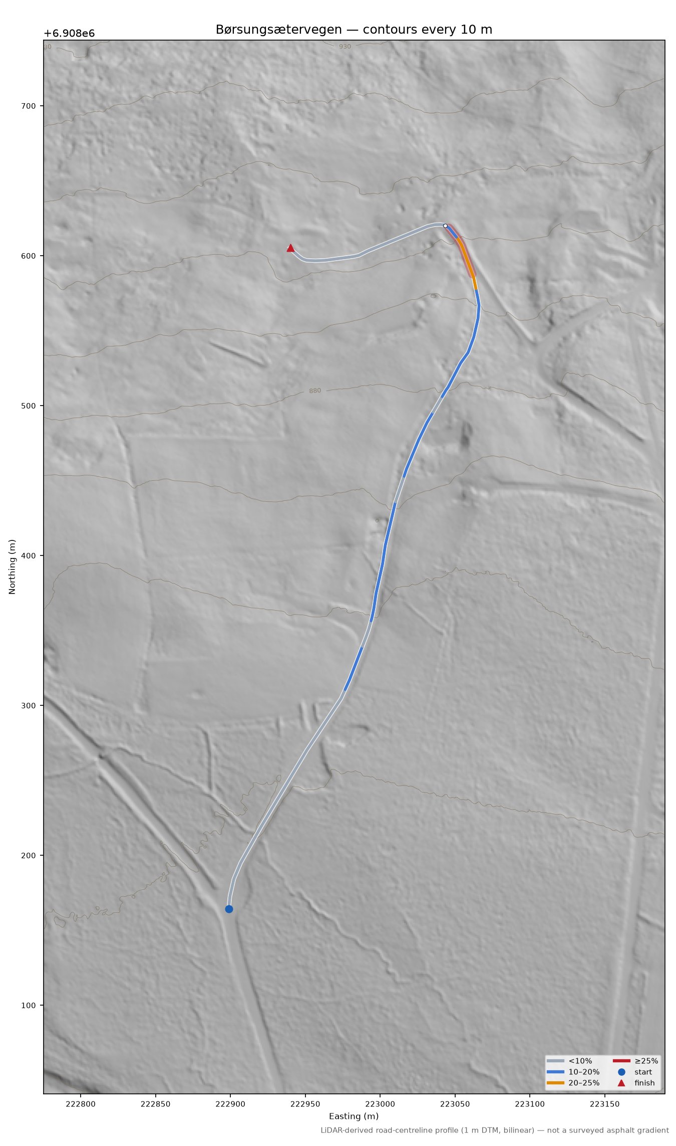 Børsungsætervegen LiDAR hillshade map with contours
