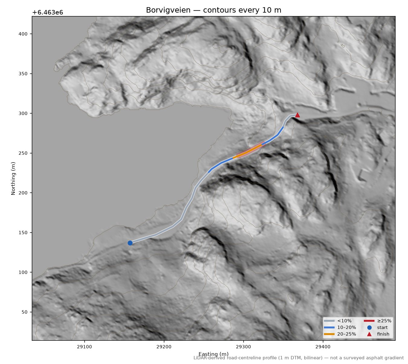 Borvigveien LiDAR hillshade map with contours