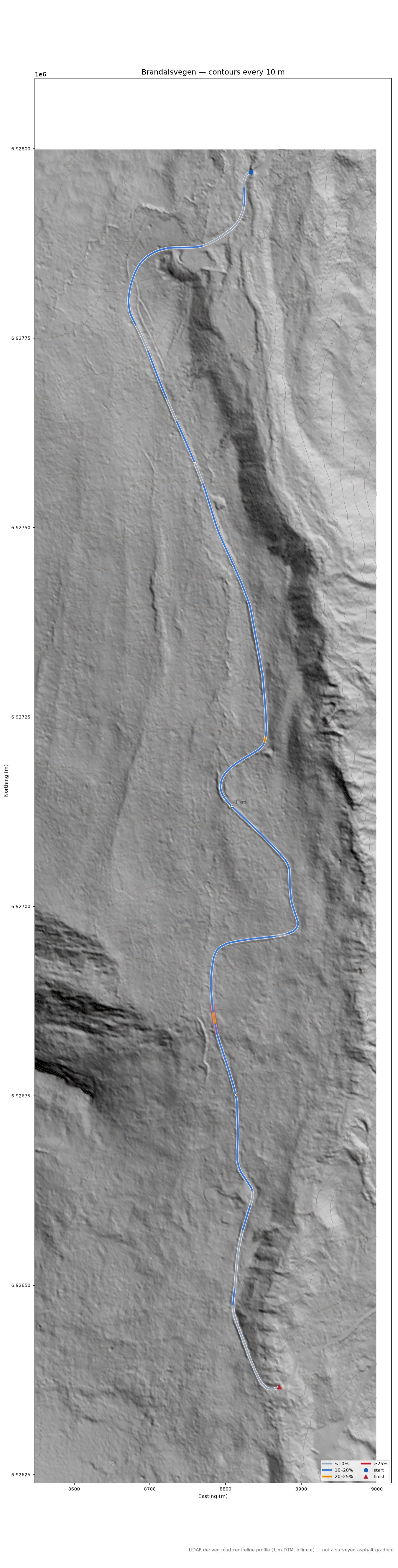 Brandalsvegen LiDAR hillshade map with contours