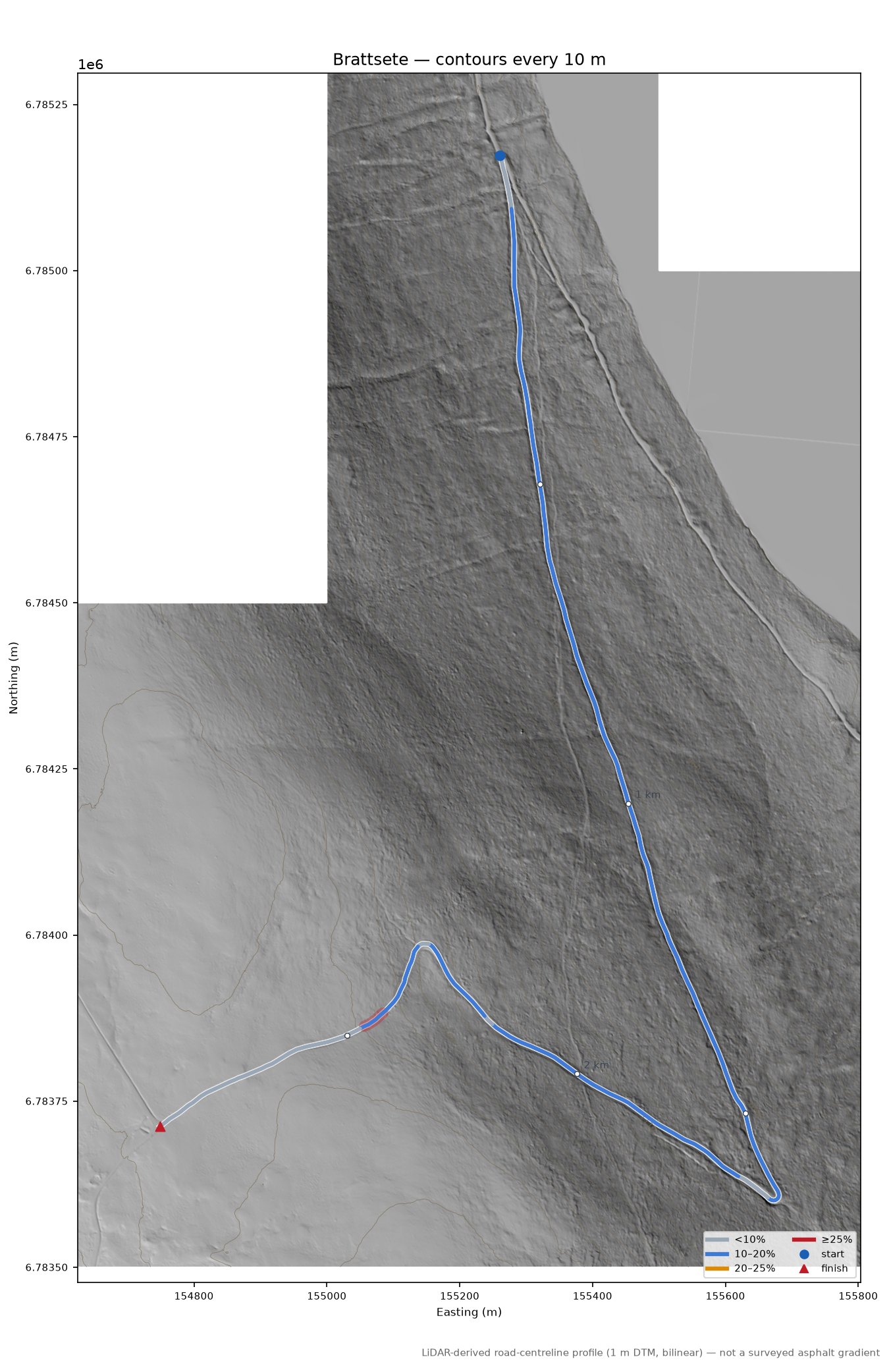 Brattsete LiDAR hillshade map with contours