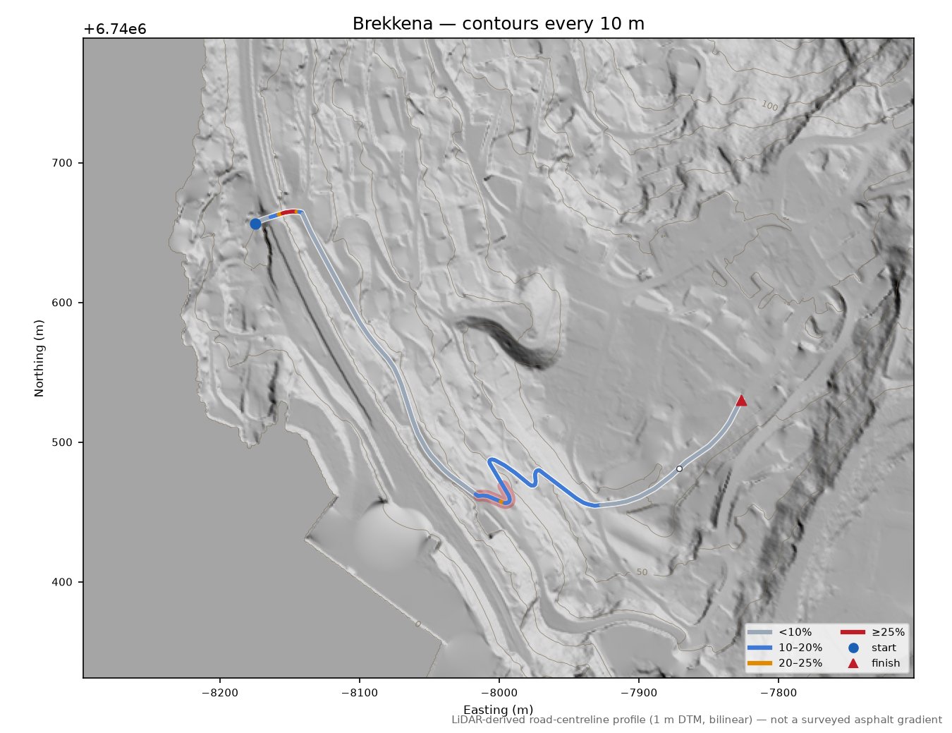 Brekkena LiDAR hillshade map with contours