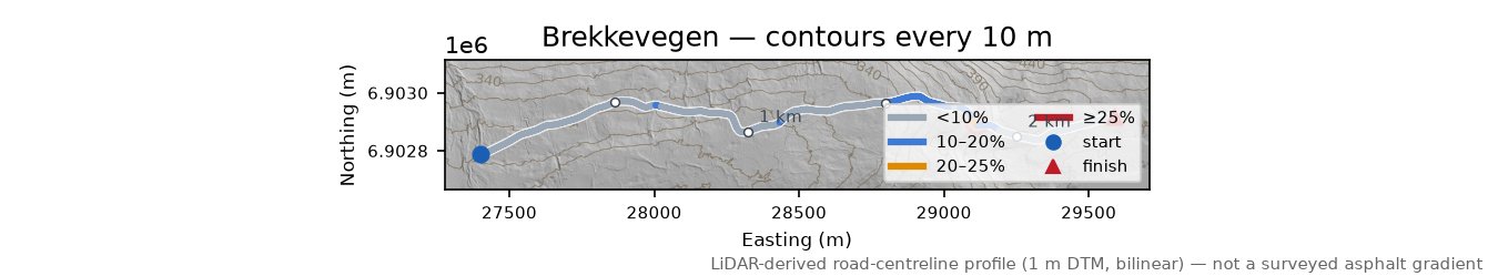 Brekkevegen LiDAR hillshade map with contours