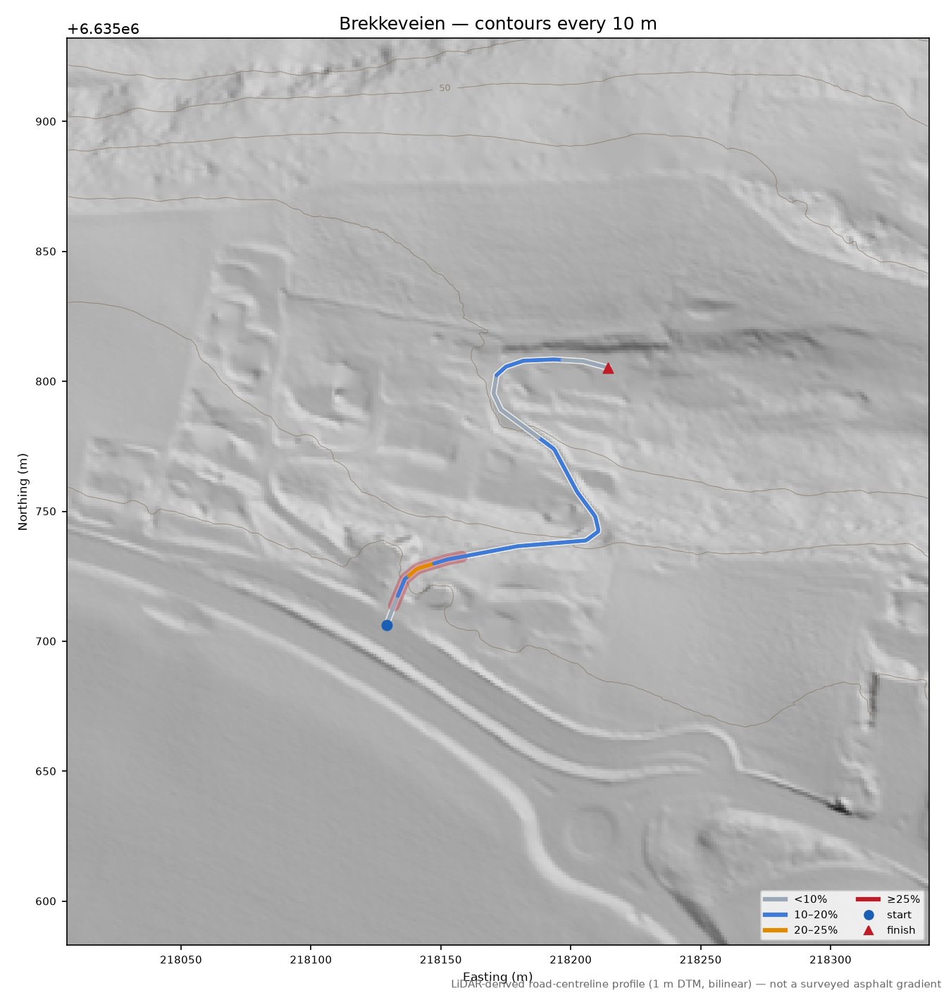 Brekkeveien LiDAR hillshade map with contours