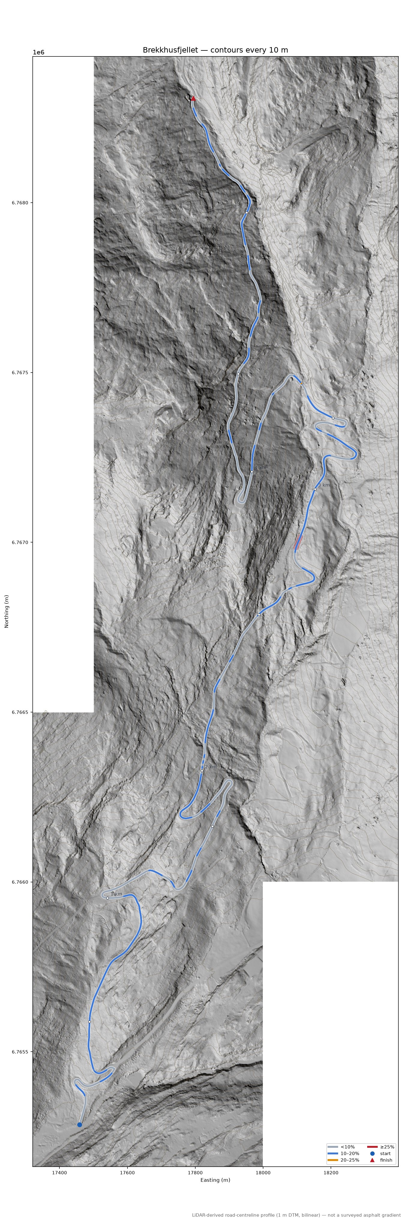 Brekkhusfjellet LiDAR hillshade map with contours