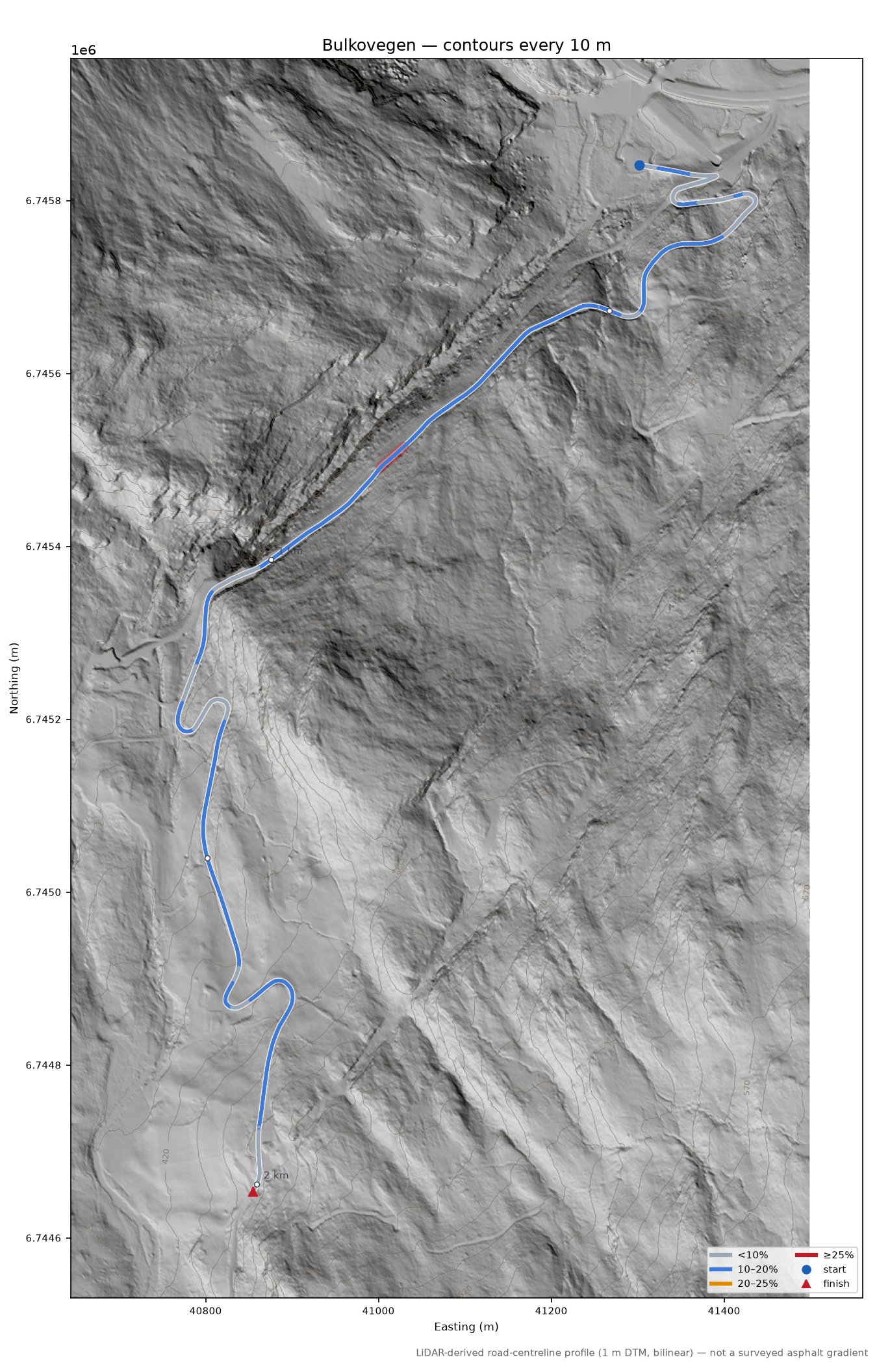 Bulkovegen LiDAR hillshade map with contours