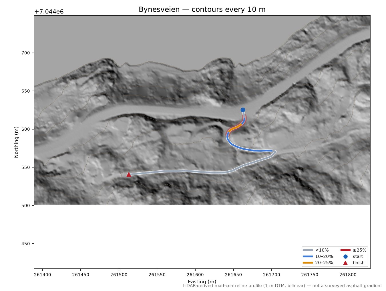 Bynesveien LiDAR hillshade map with contours