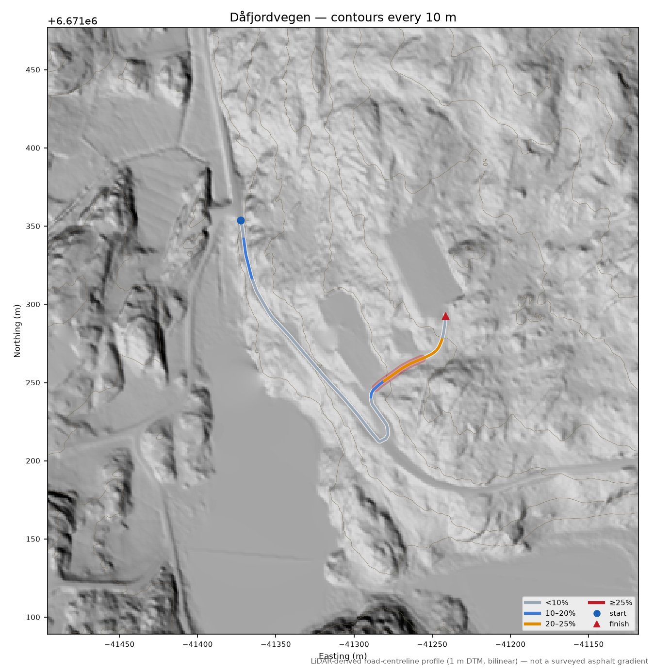 Dåfjordvegen LiDAR hillshade map with contours