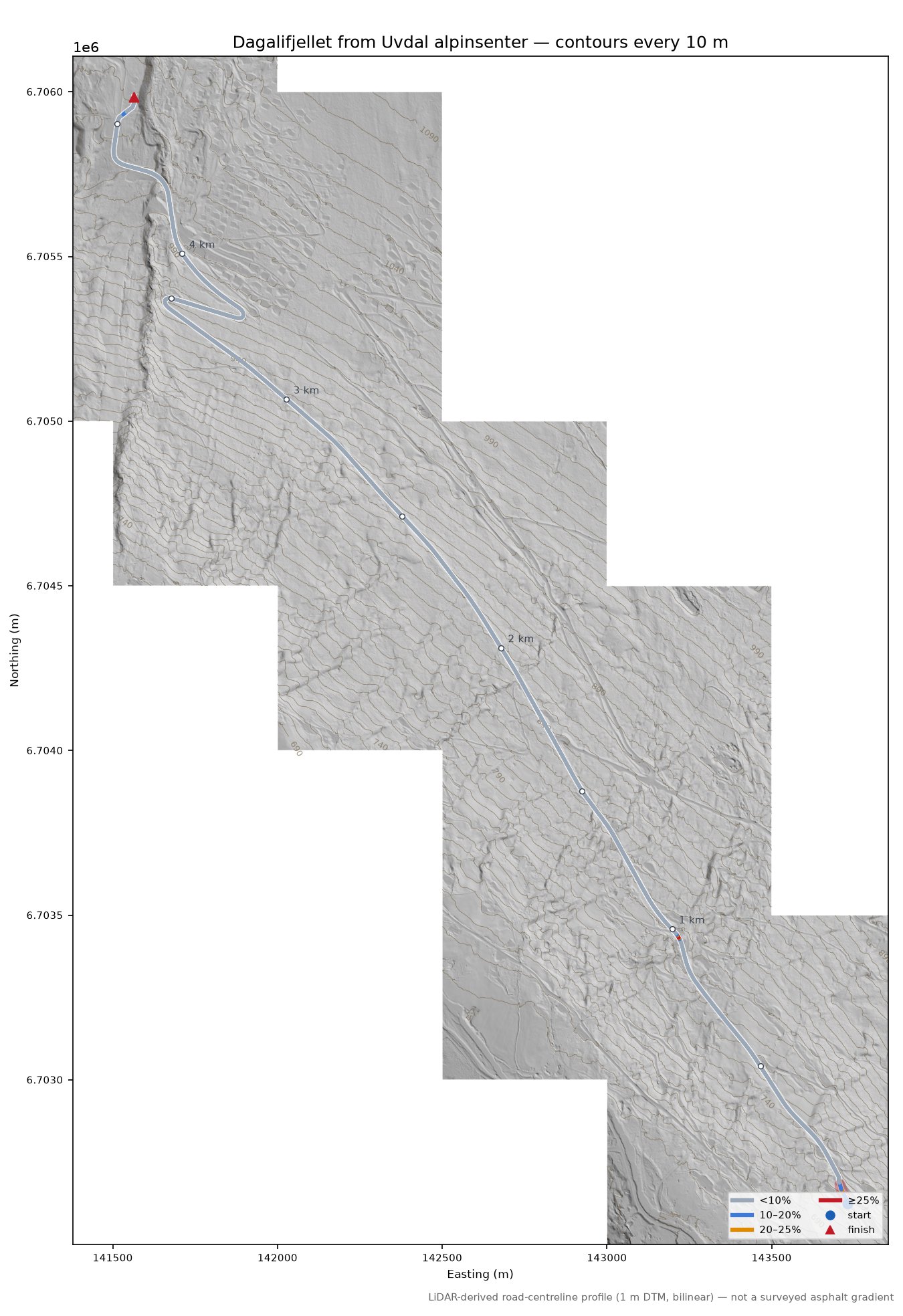 Dagalifjellet from Uvdal alpinsenter LiDAR hillshade map with contours