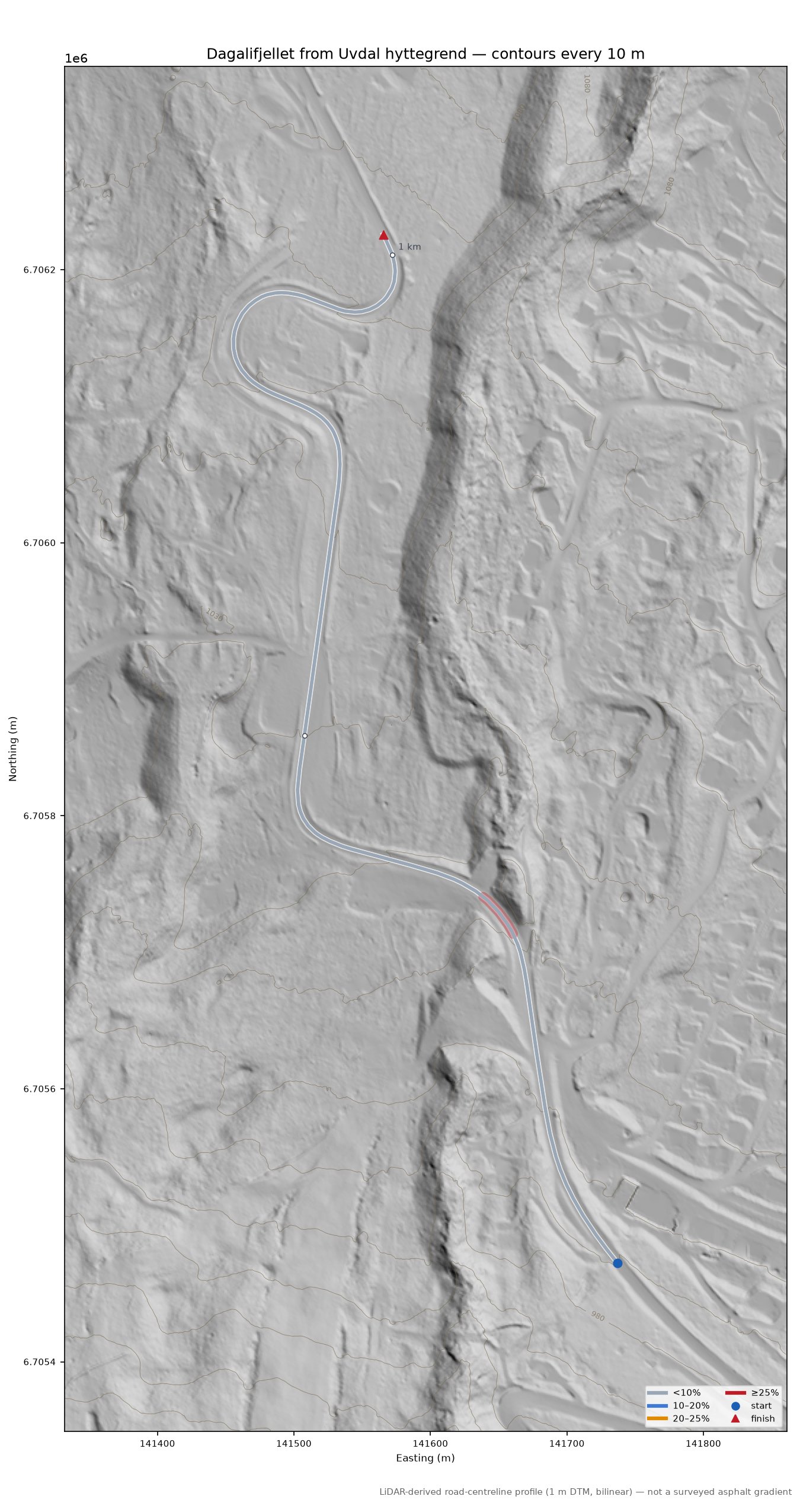 Dagalifjellet from Uvdal hyttegrend LiDAR hillshade map with contours
