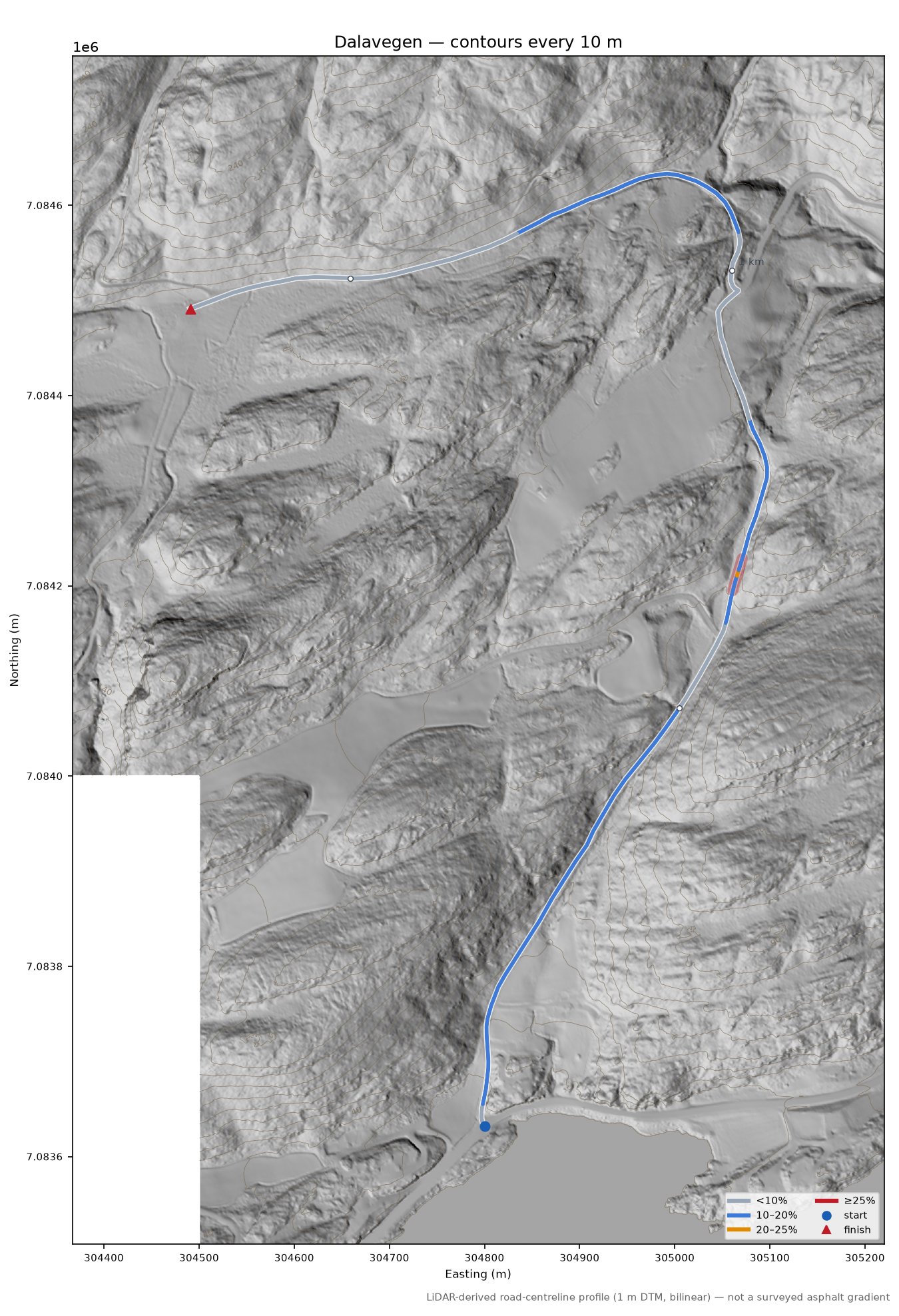 Dalavegen LiDAR hillshade map with contours