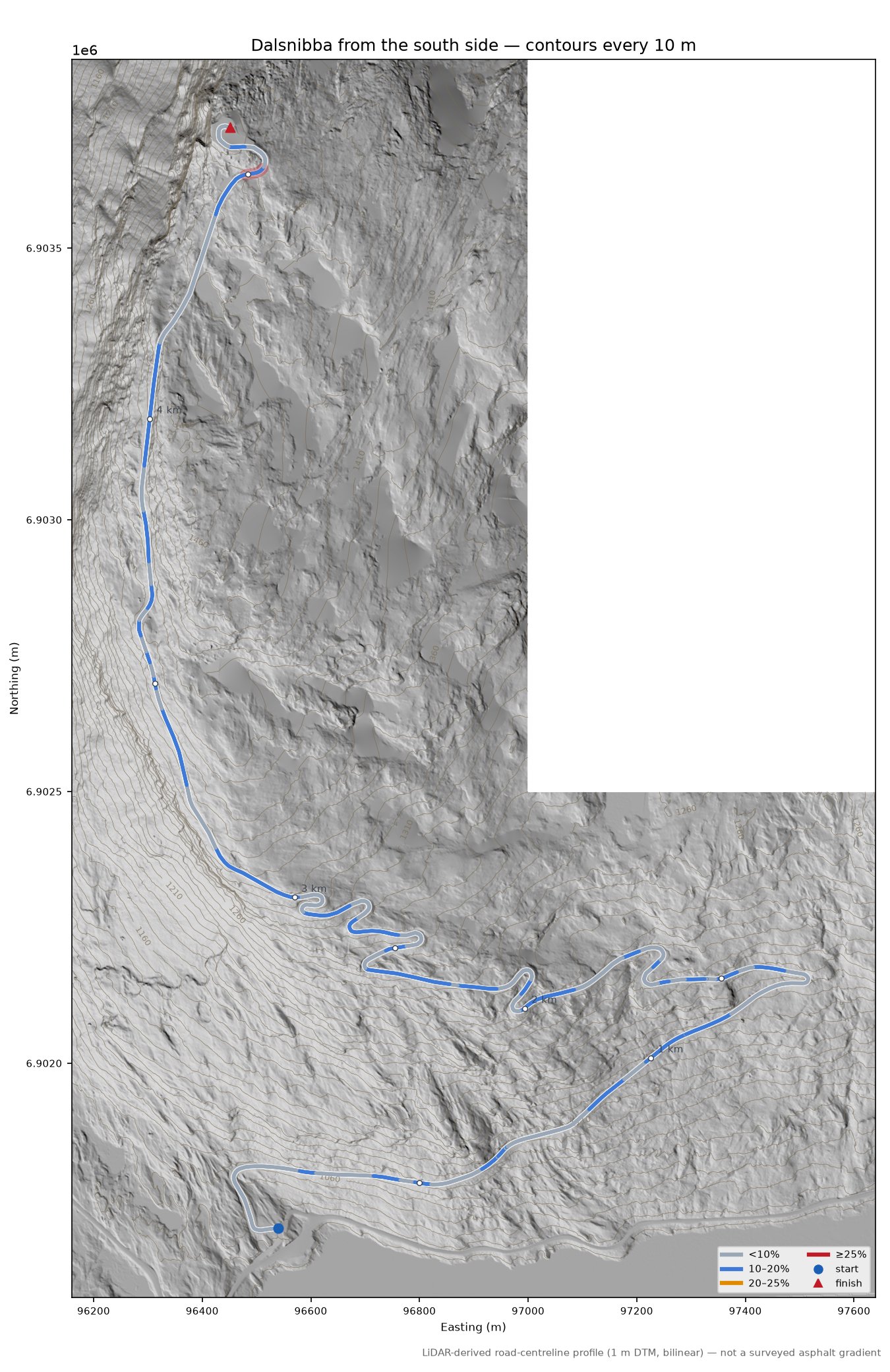 Dalsnibba from the south side LiDAR hillshade map with contours