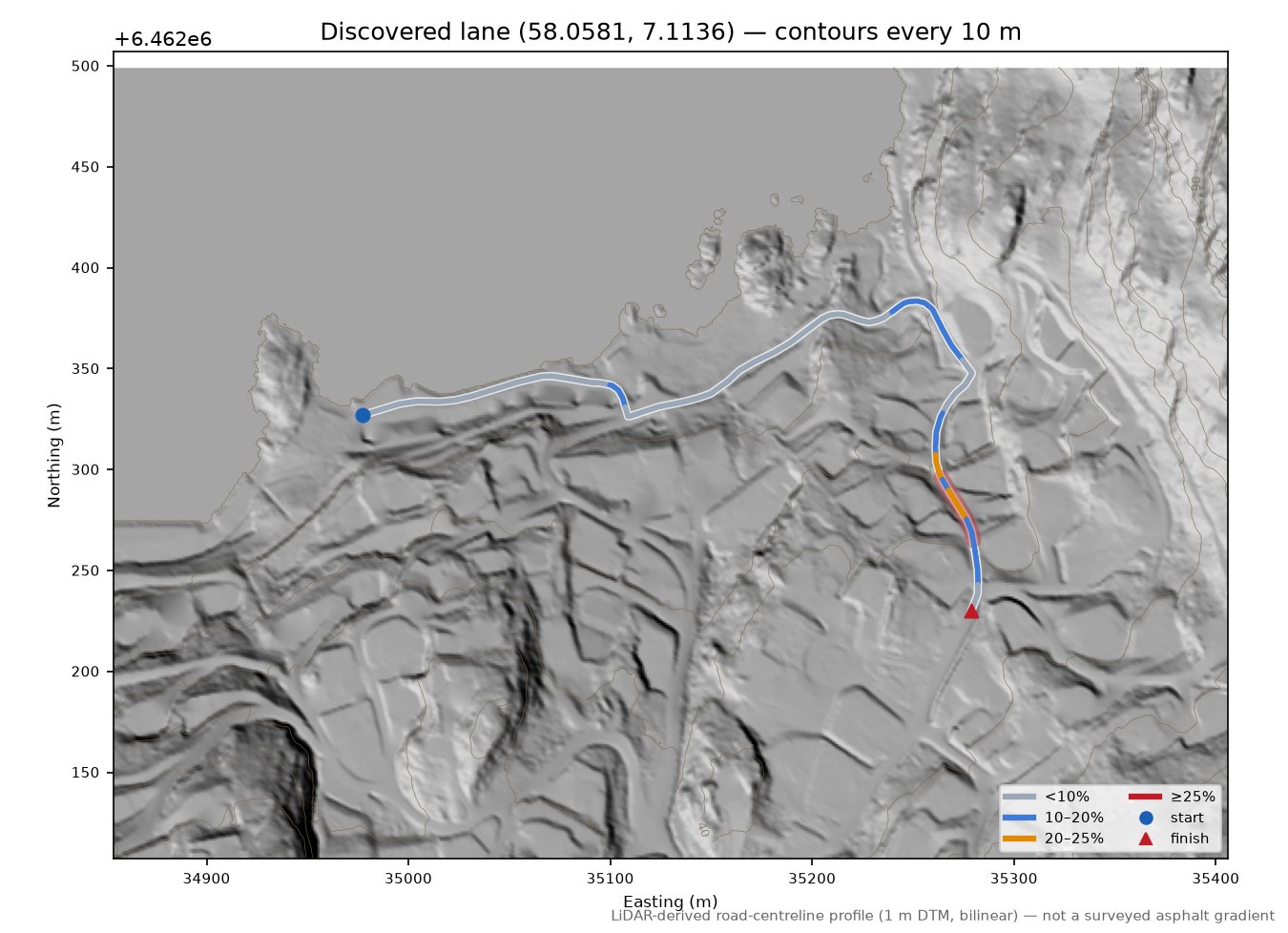 Vommenesveien (Grønsfjord) LiDAR hillshade map with contours