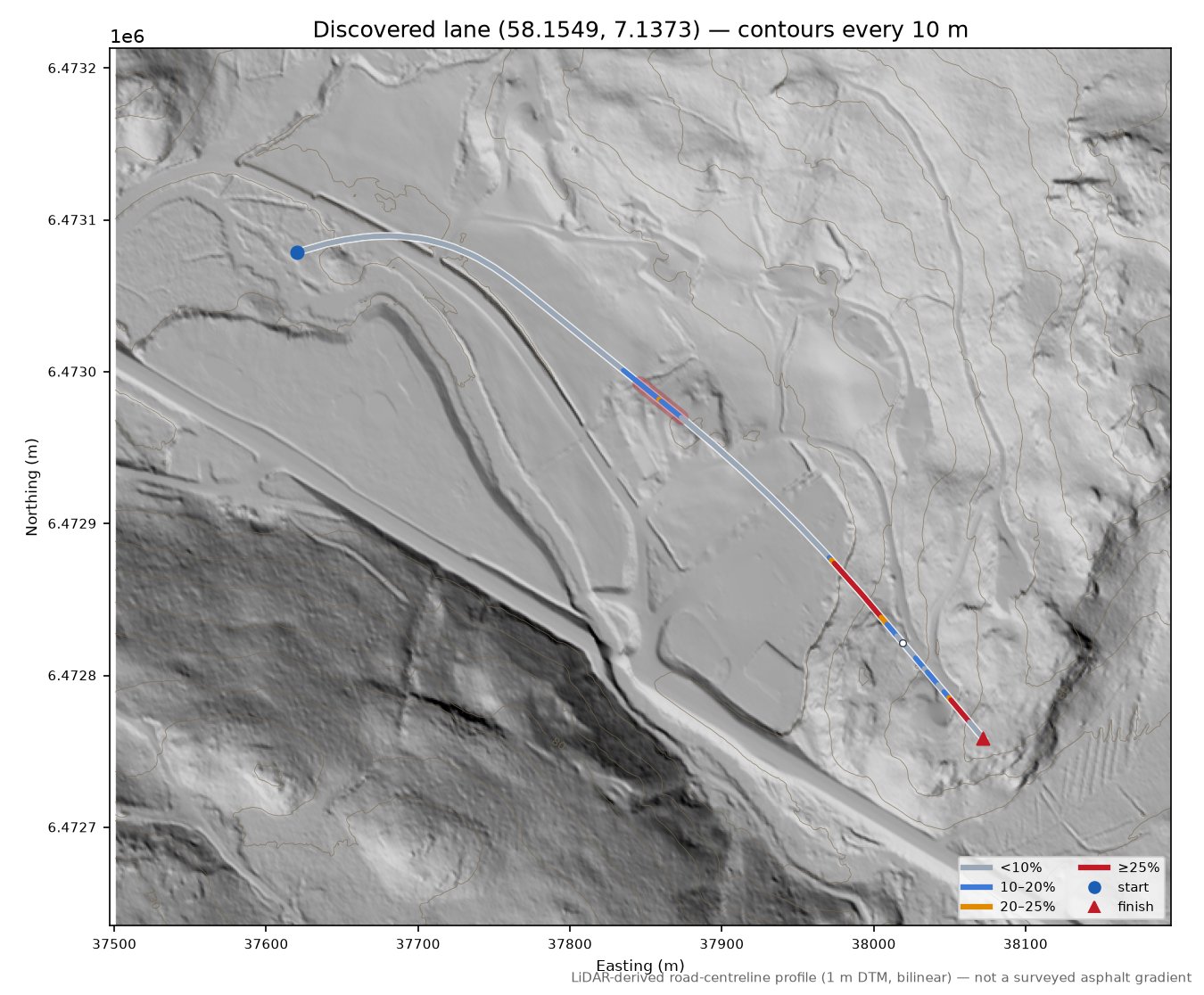 Mølleveien (Herdalen) LiDAR hillshade map with contours
