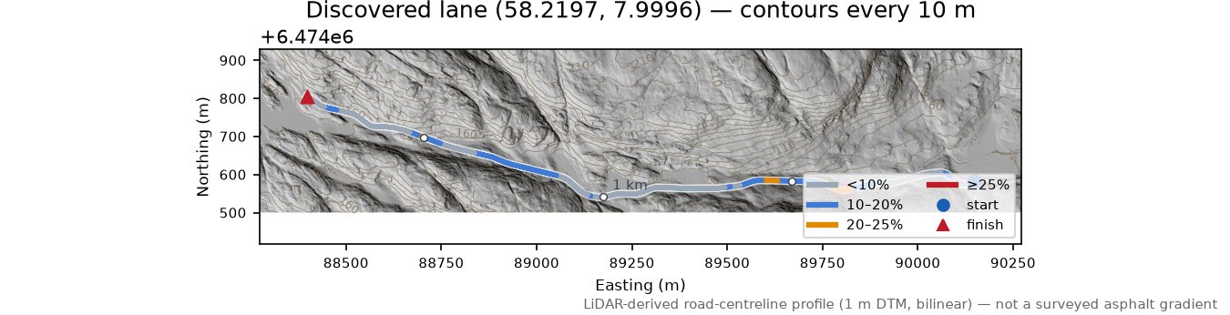 Lane near Rosseheia LiDAR hillshade map with contours