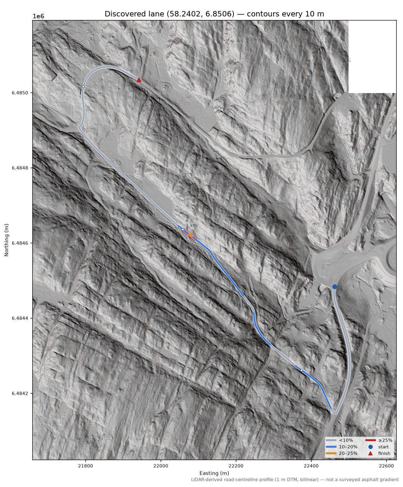 Gjervollstadveien (Rørvik) LiDAR hillshade map with contours
