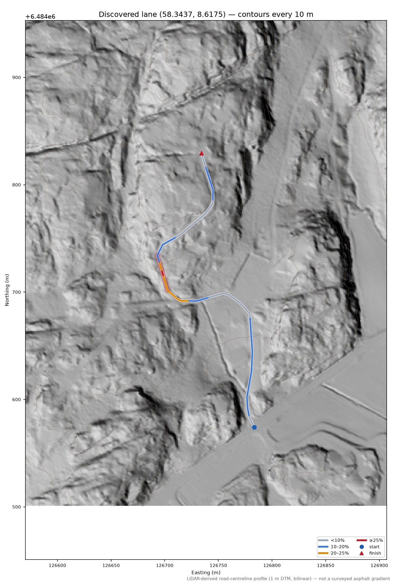 Vestre Eskedal (Hagen) LiDAR hillshade map with contours