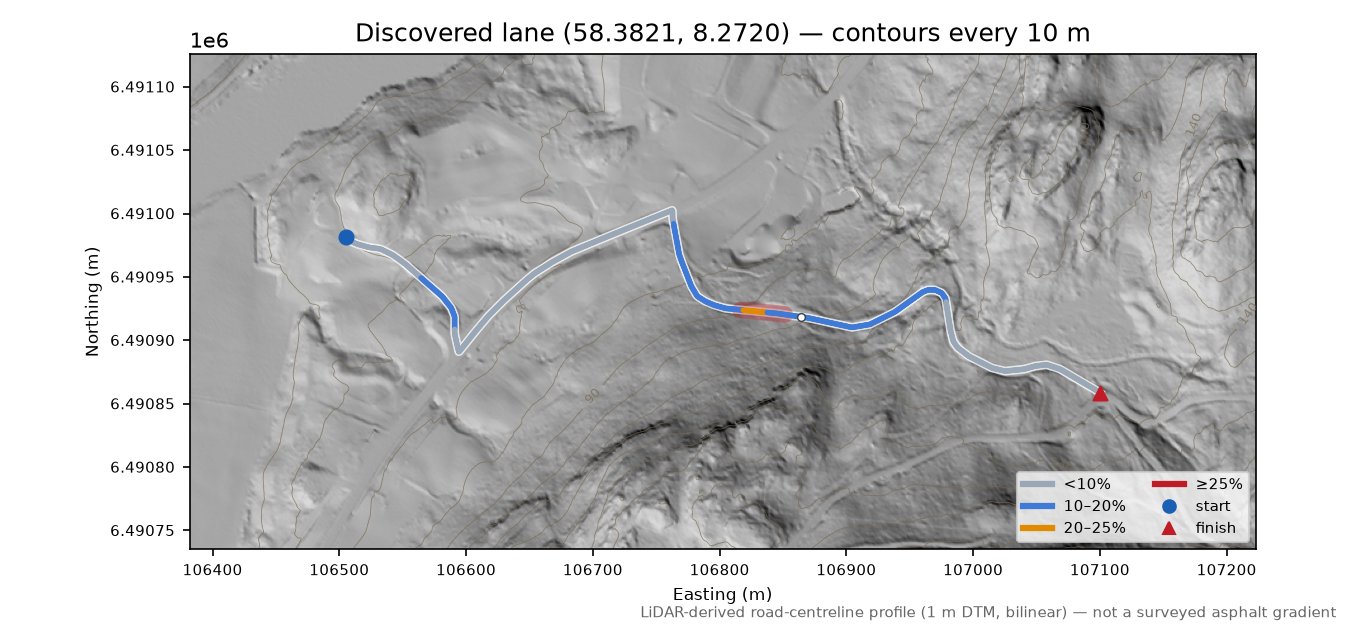 Herefossveien (Flå) LiDAR hillshade map with contours