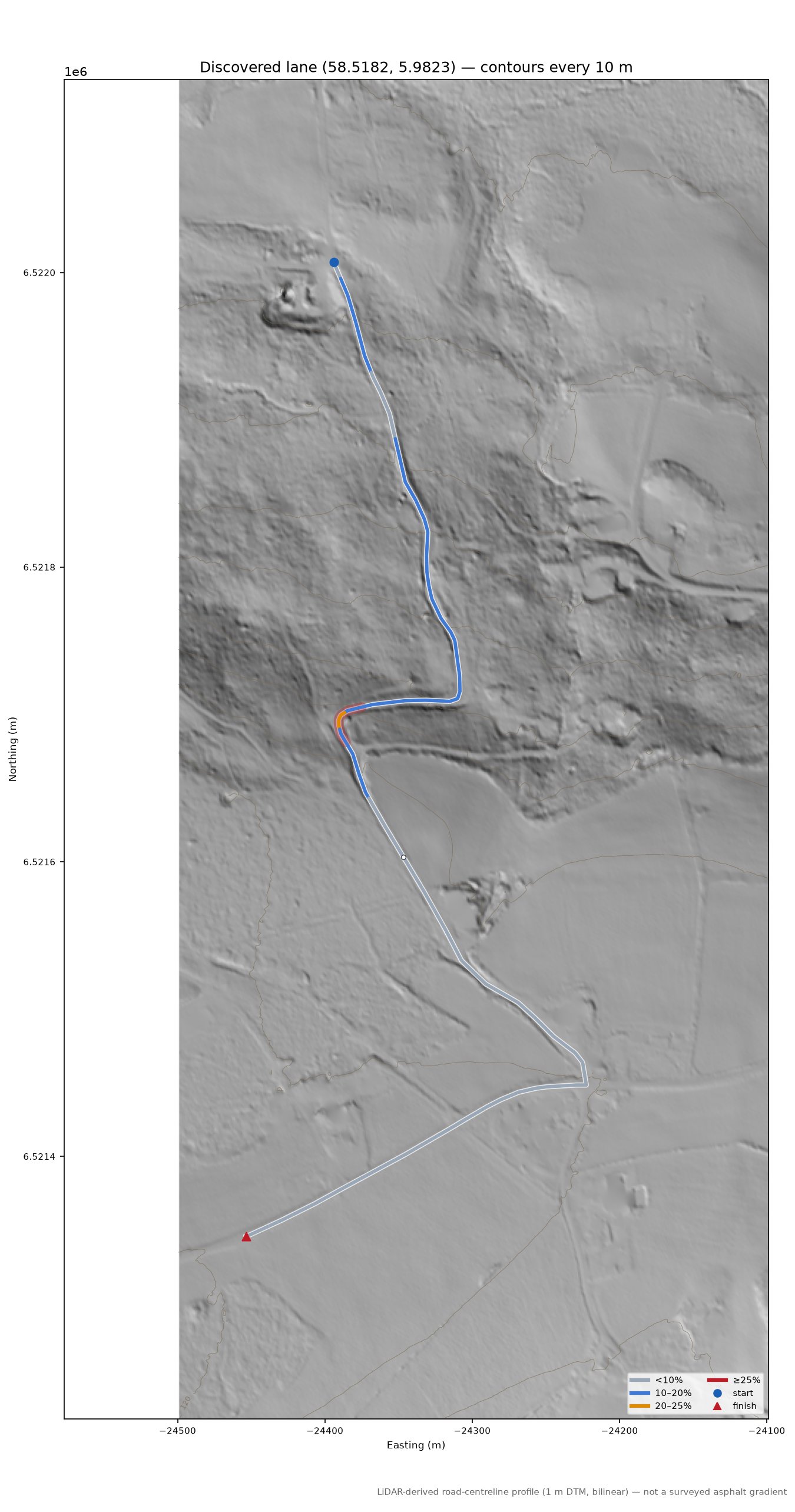 Eigesveien (Eige) LiDAR hillshade map with contours