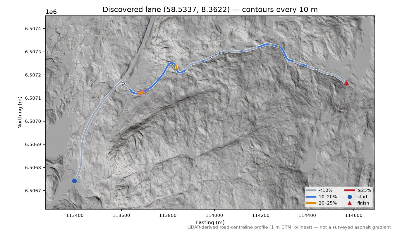 Herefossveien (Herefoss) LiDAR hillshade map with contours