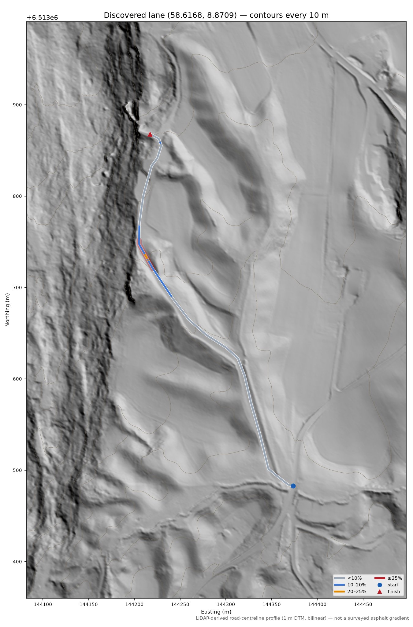 Korsenveien (Nyplass) LiDAR hillshade map with contours