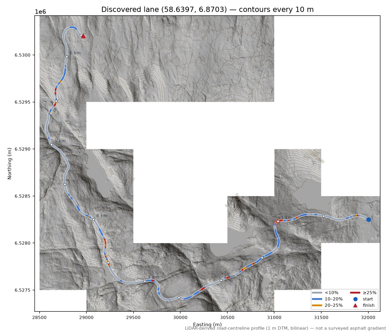 Risnesvegen (Netland) LiDAR hillshade map with contours
