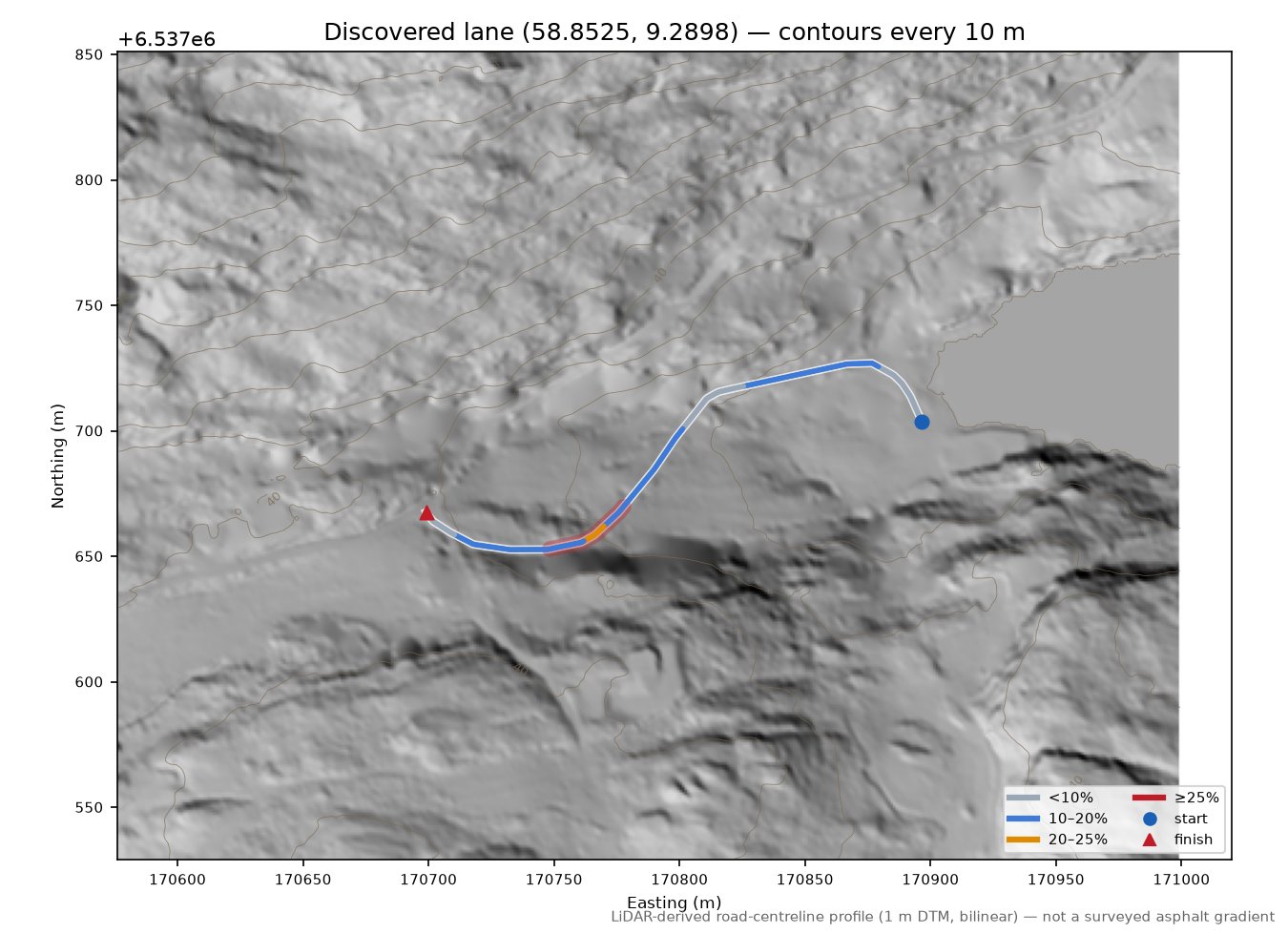 Listrandveien (Bratland) LiDAR hillshade map with contours