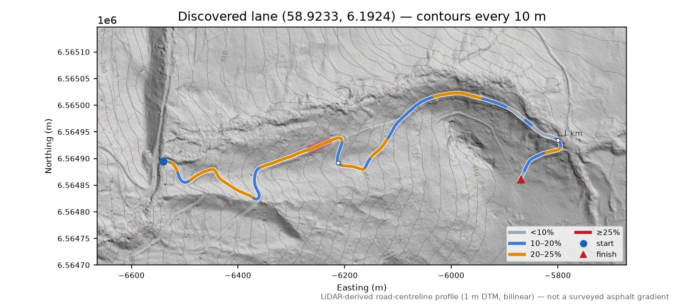 Lane near Kvednaveien LiDAR hillshade map with contours