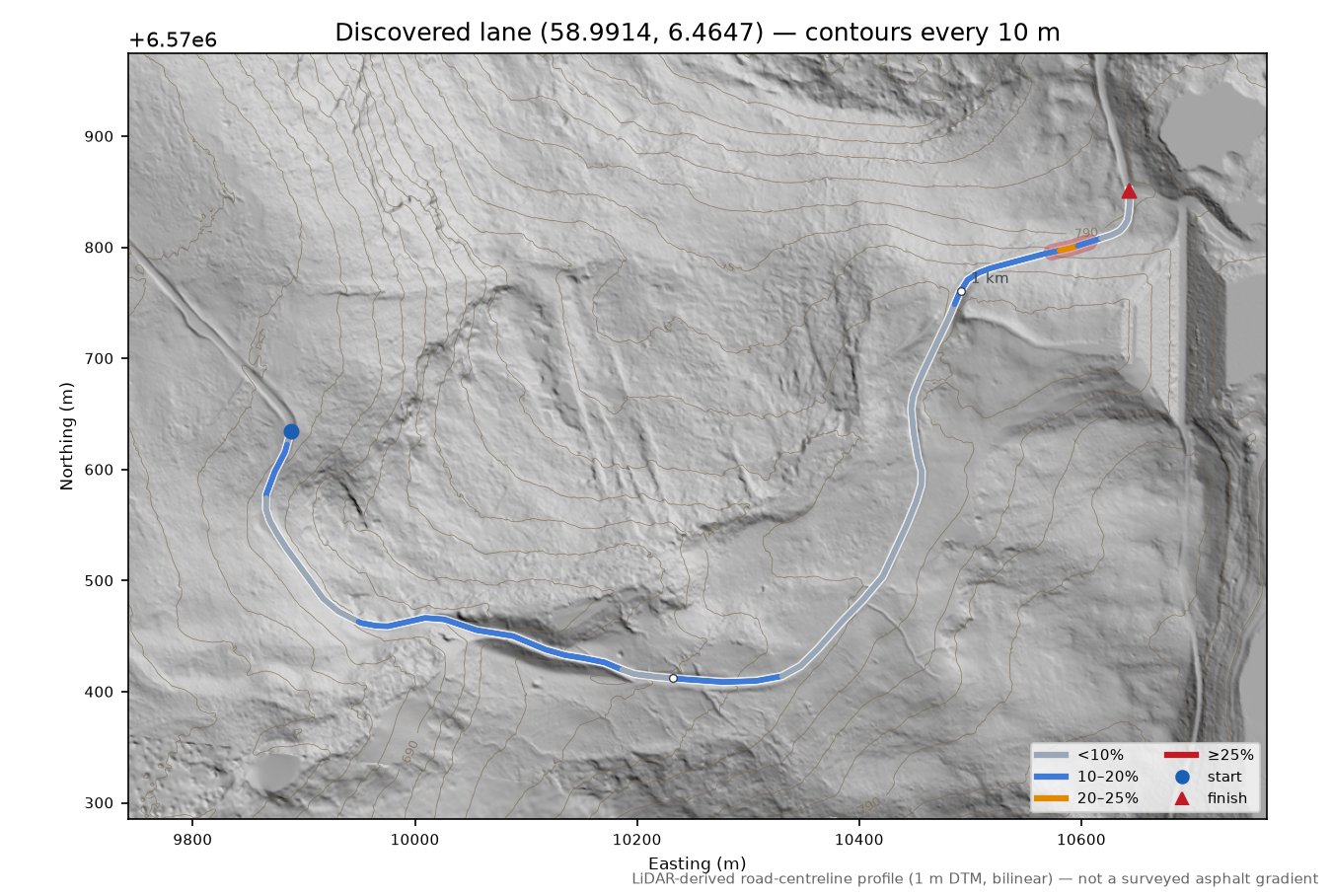 Lane near Flørli LiDAR hillshade map with contours