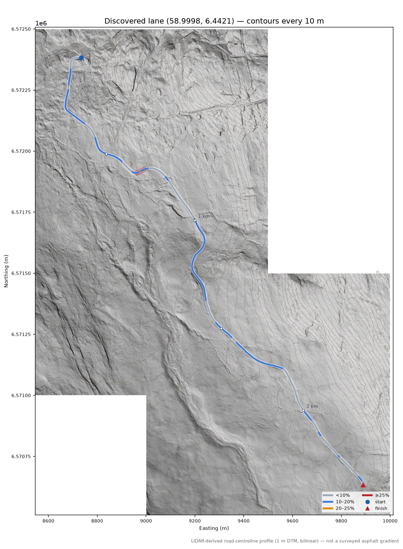 Lane near Flørli LiDAR hillshade map with contours