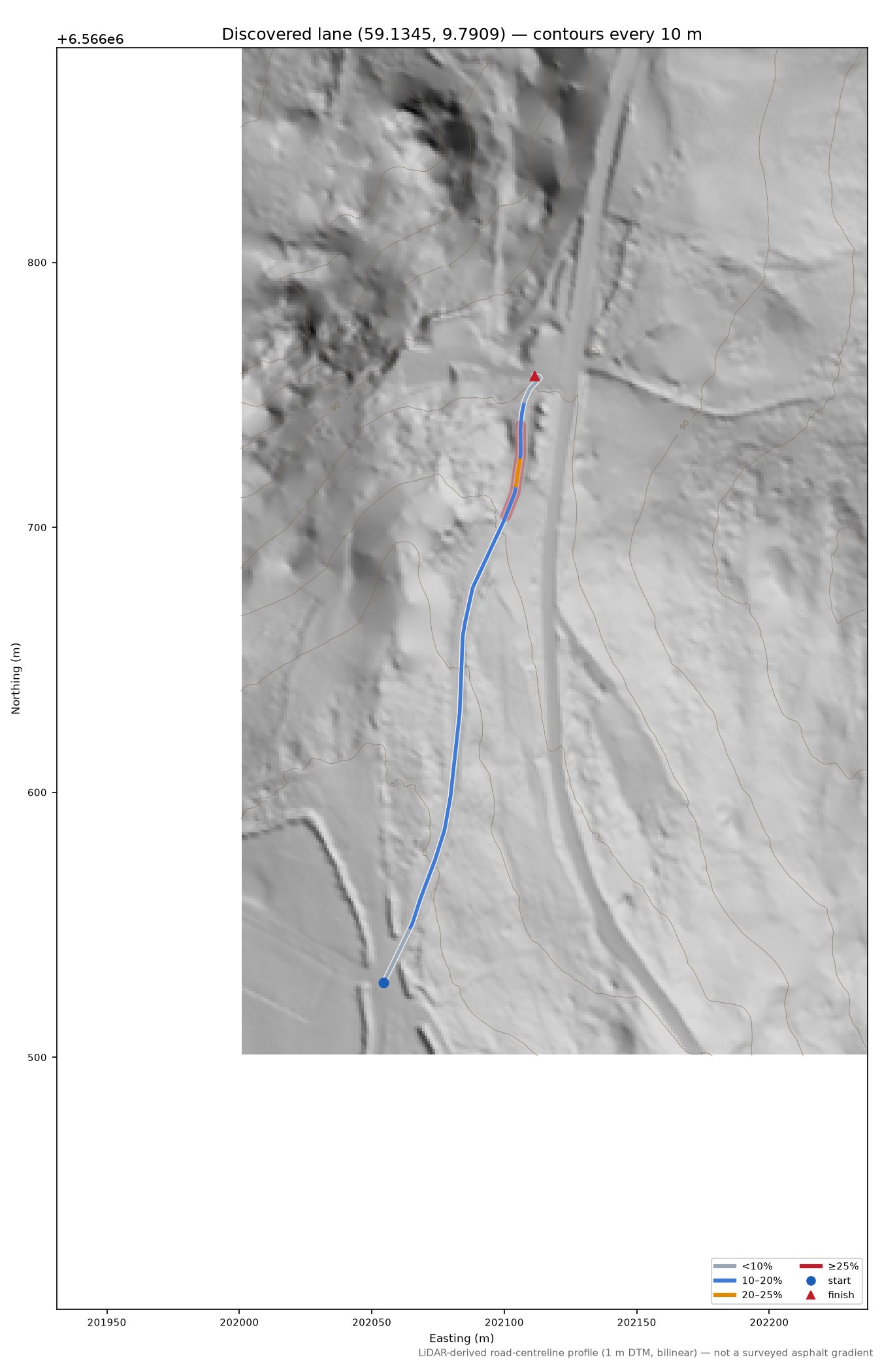 Lane near Solli LiDAR hillshade map with contours