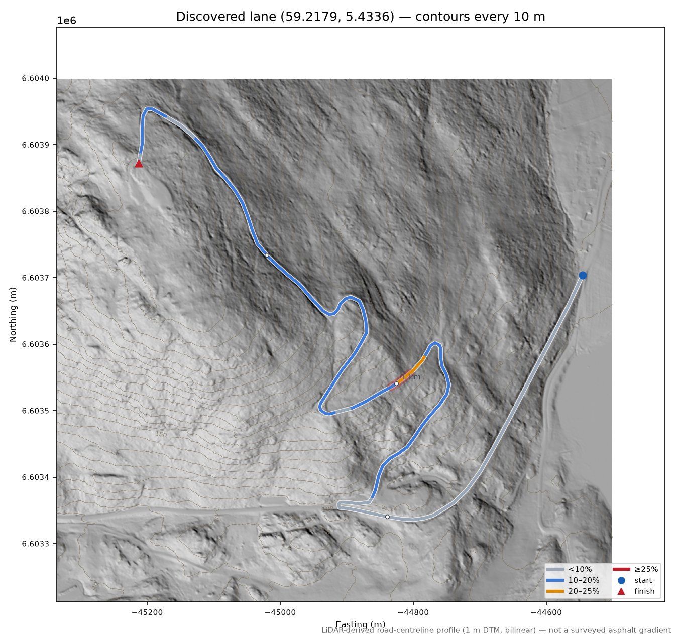 Grønnestadvegen (Boknaberg) LiDAR hillshade map with contours