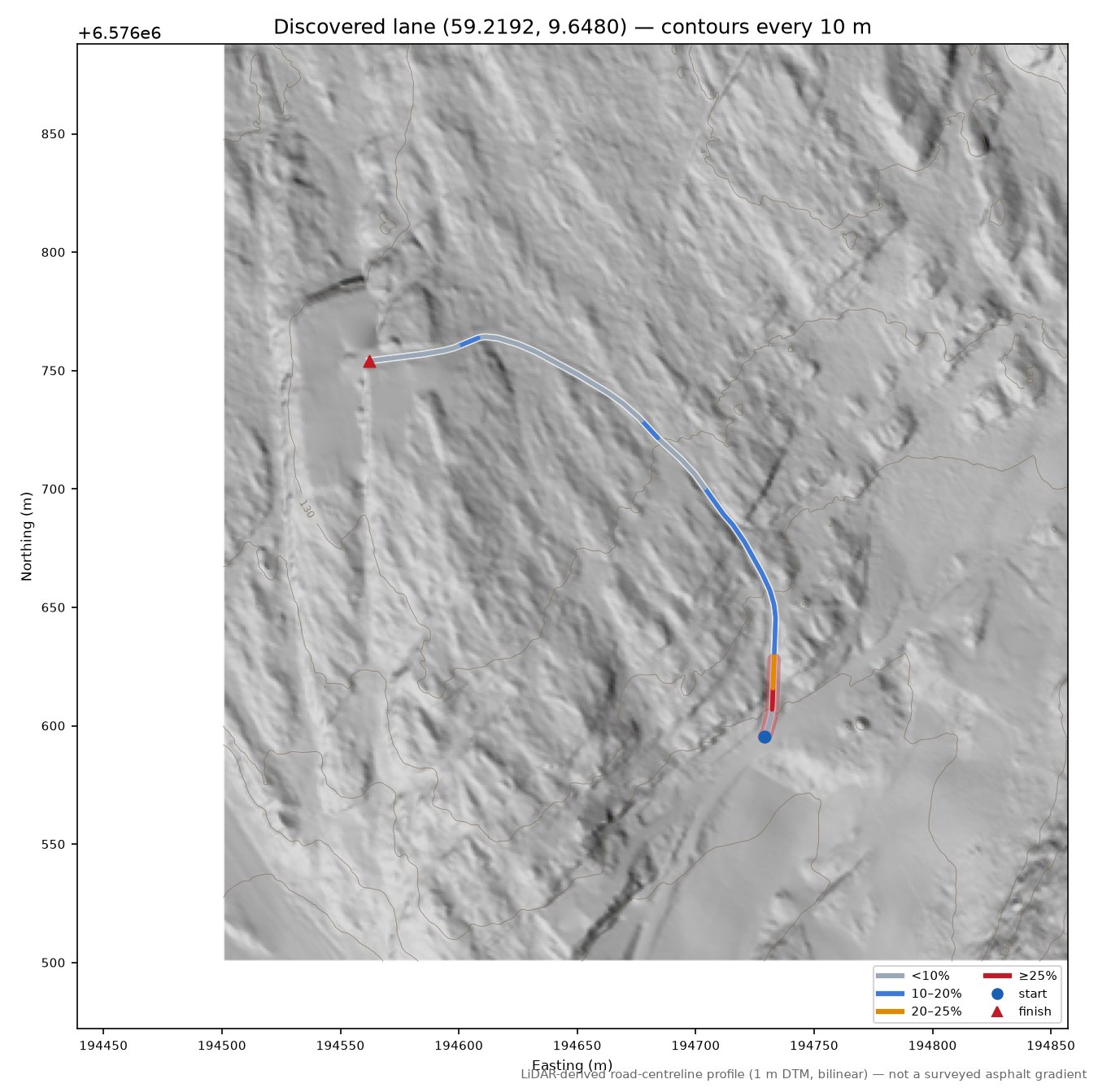 Sørbøvegen (Sneltvedt) LiDAR hillshade map with contours