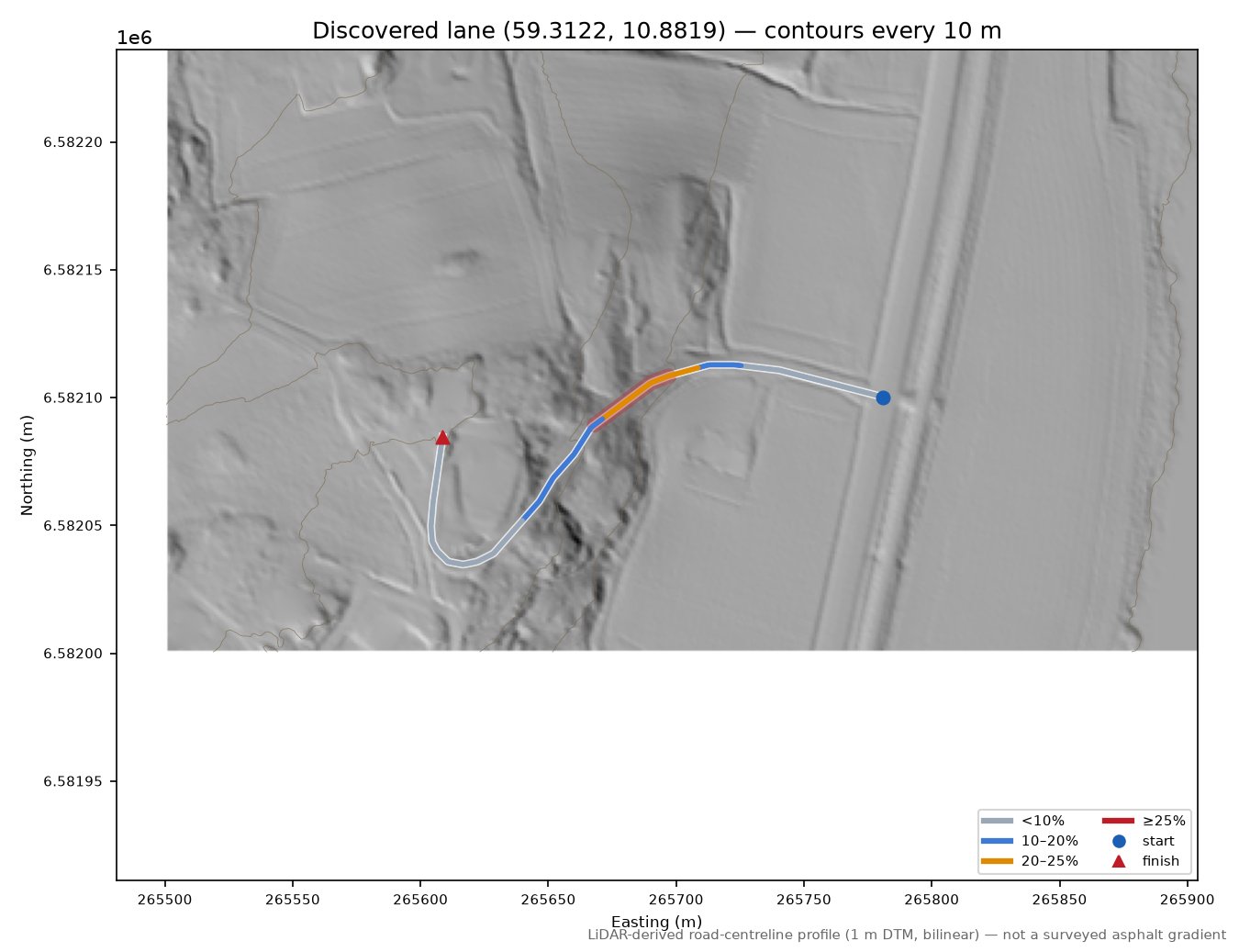 Grastoveien (Ørmen) LiDAR hillshade map with contours