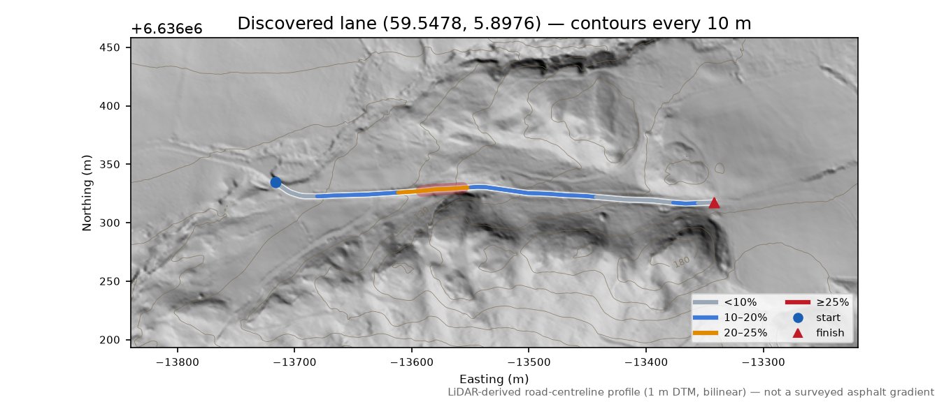 Lane near Myrå LiDAR hillshade map with contours