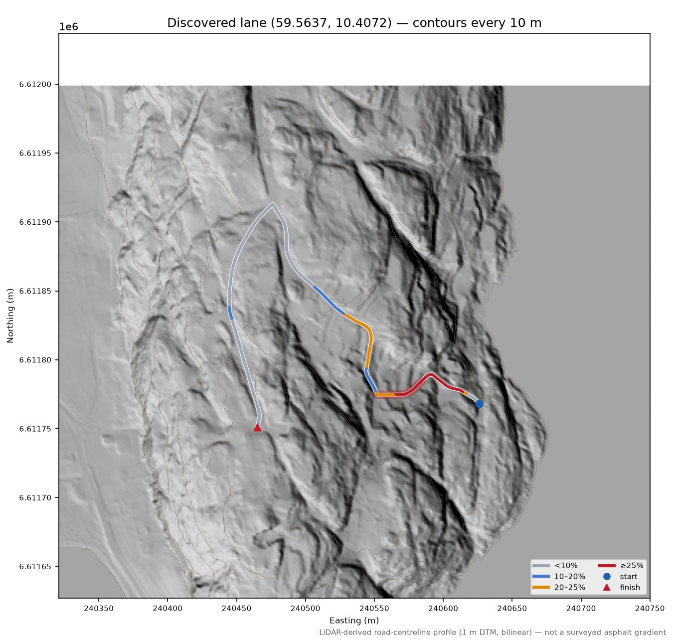 Flaberget (Høyen) LiDAR hillshade map with contours