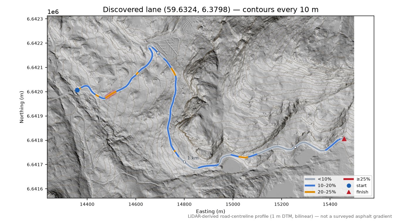Lane near Tangen LiDAR hillshade map with contours