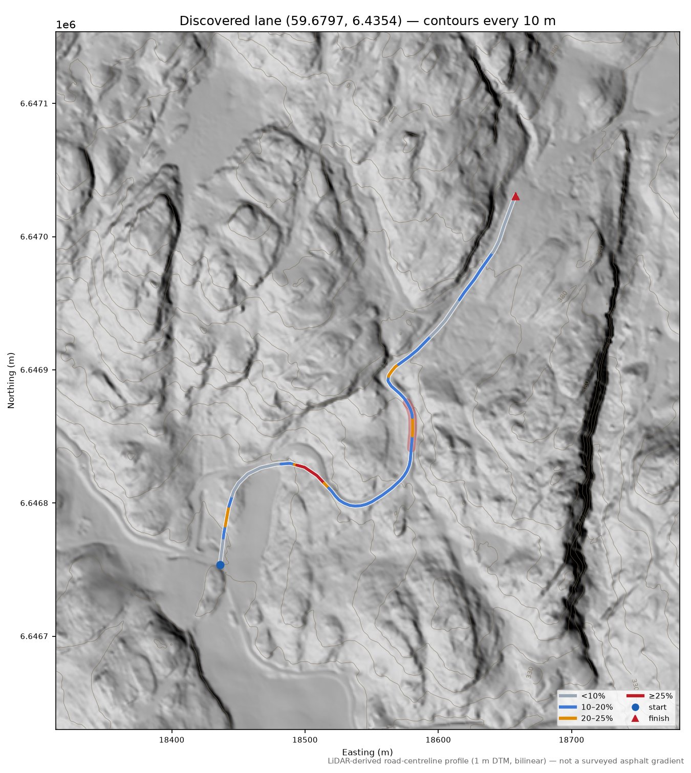 Fivelandsvegen (Fiveland) LiDAR hillshade map with contours