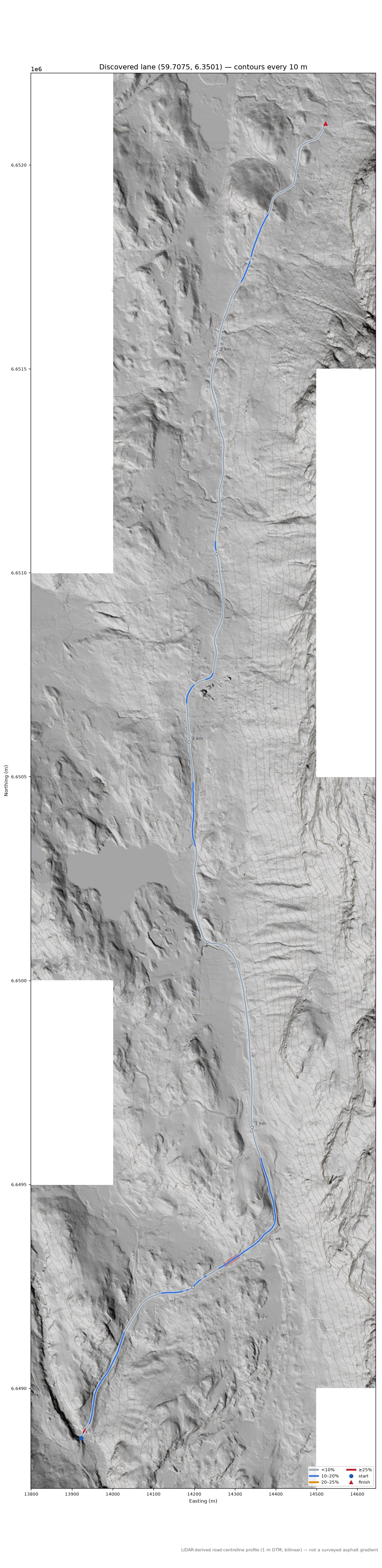 Lane near Nip LiDAR hillshade map with contours