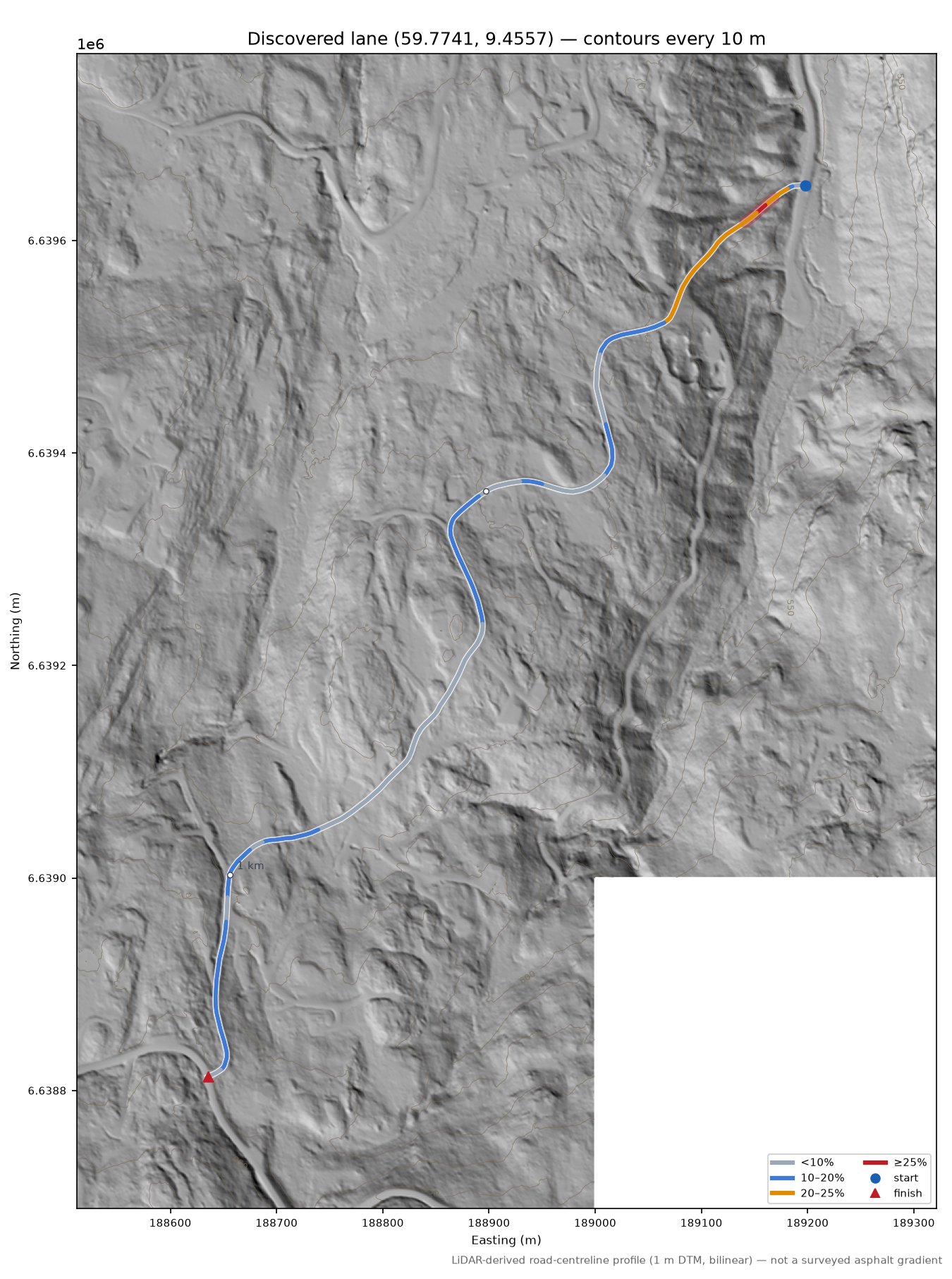Kløvnattranten (Blestølen) LiDAR hillshade map with contours