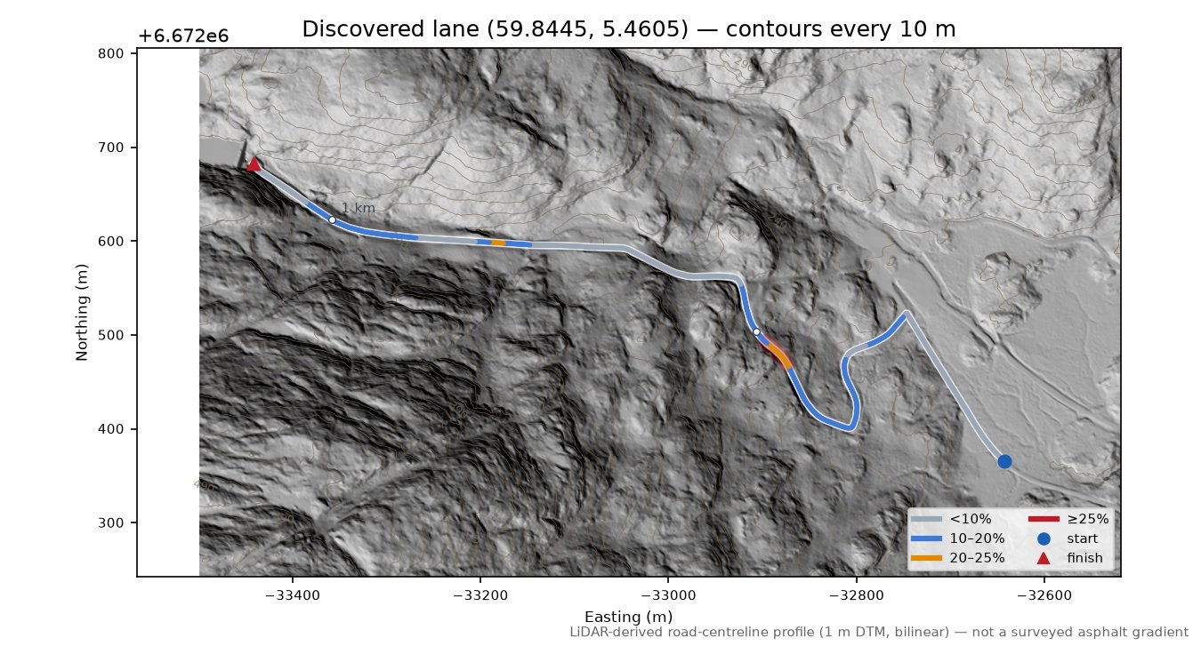 Lundssetervegen (Lundsæter) LiDAR hillshade map with contours