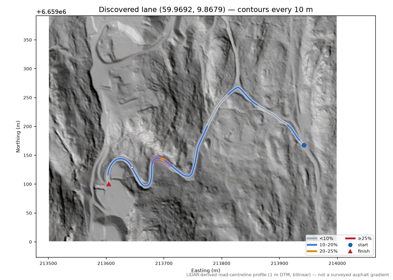 Malmveien (Hasselmoen) LiDAR hillshade map with contours