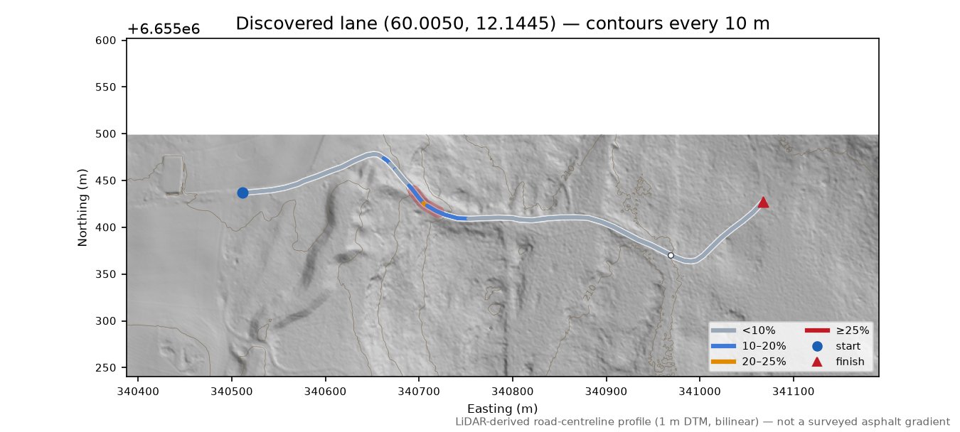 Lane near Hesbøl LiDAR hillshade map with contours