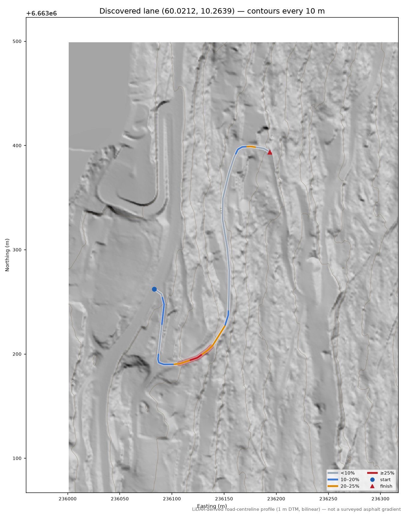 Utstranda (Portebakken) LiDAR hillshade map with contours