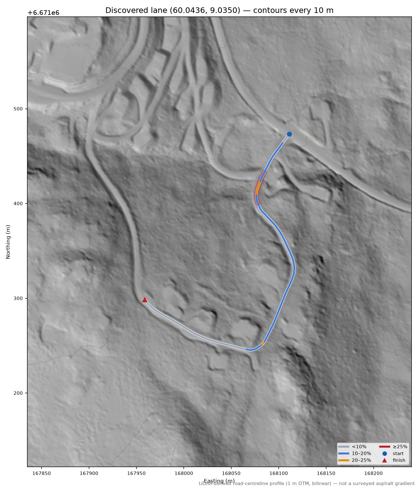 Vegglifjellvegen (Torvhytta) LiDAR hillshade map with contours
